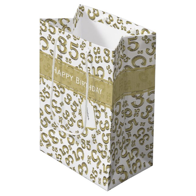 Happy 35th Birthday Number Pattern Gold/White Medium Gift Bag (Front Angled)