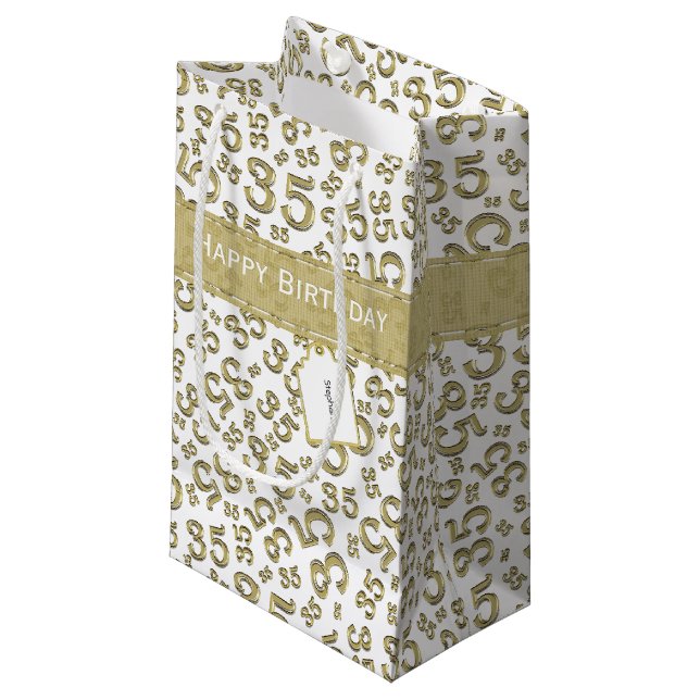 Happy 35th Birthday Number Pattern Gold/White Small Gift Bag (Front Angled)