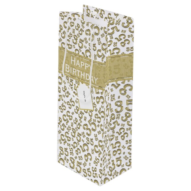 Happy 35th Birthday Number Pattern Gold/White Wine Gift Bag (Front Angled)