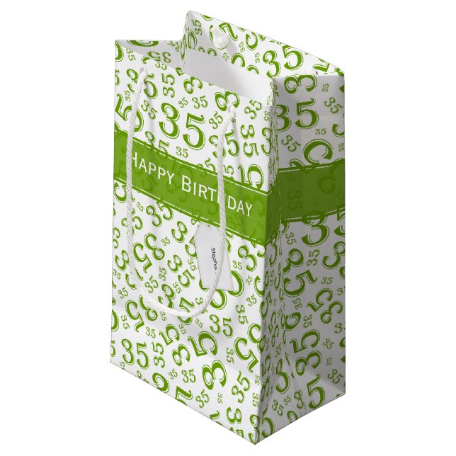 Happy 35th Birthday Number Pattern Green/White Small Gift Bag (Front Angled)
