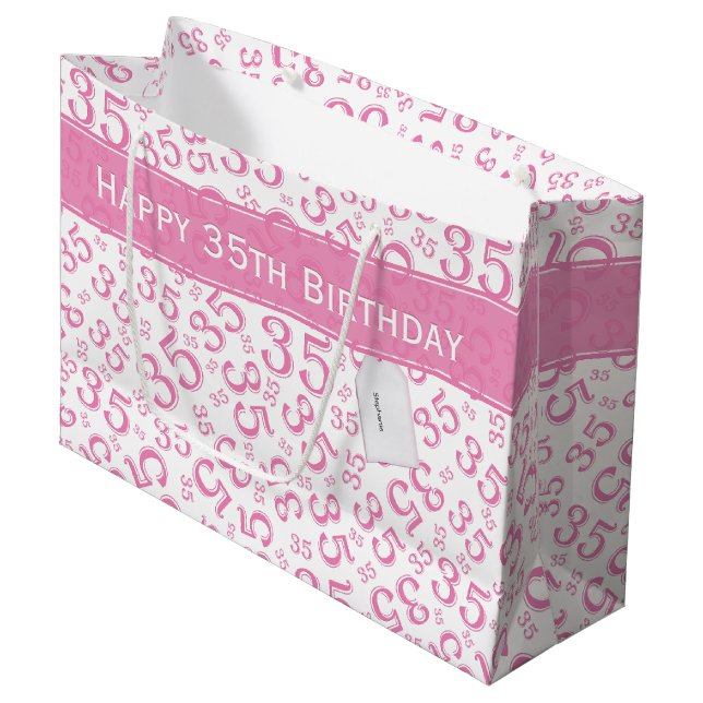 Happy 35th Birthday Number Pattern Pink/White Large Gift Bag (Front Angled)