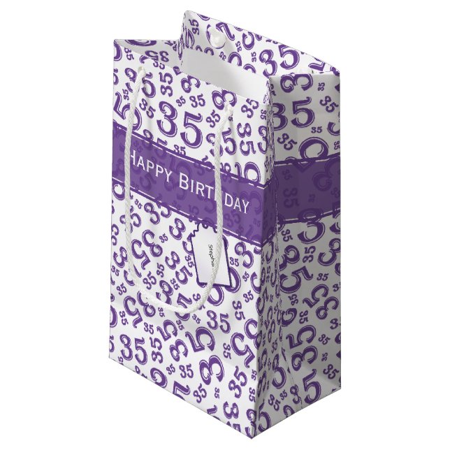 Happy 35th Birthday Number Pattern Purple/White Small Gift Bag (Front Angled)