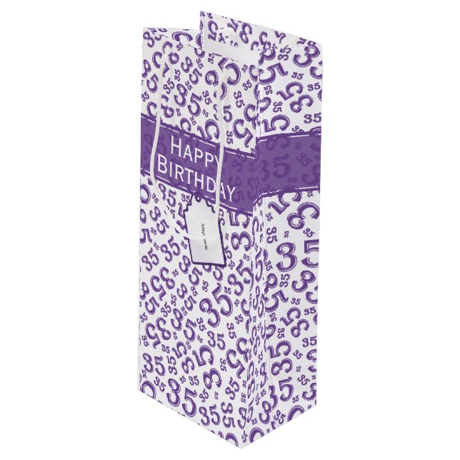Happy 35th Birthday Number Pattern Purple/White Wine Gift Bag (Front Angled)