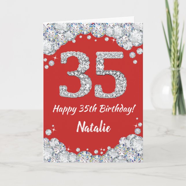 Happy 35th Birthday Red and Silver Glitter Card (Front)