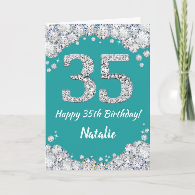 Happy 35th Birthday Teal and Silver Glitter Card (Front)
