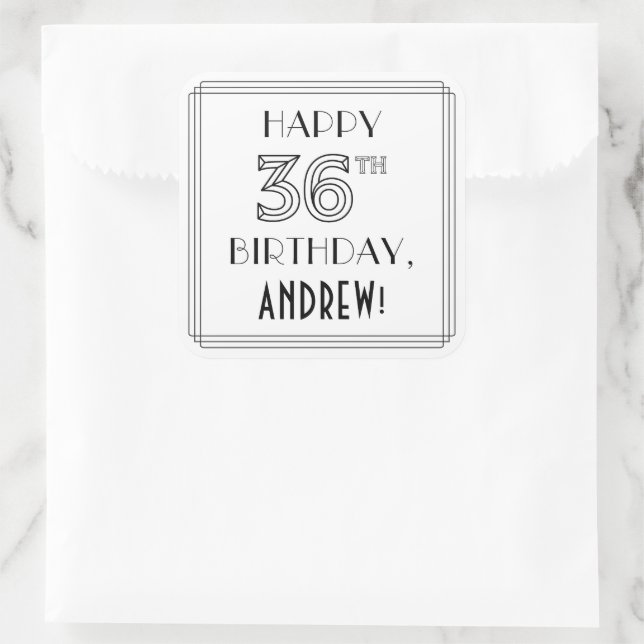 HAPPY 36TH BIRTHDAY, Art Deco Style, Custom Name Square Sticker (Bag)