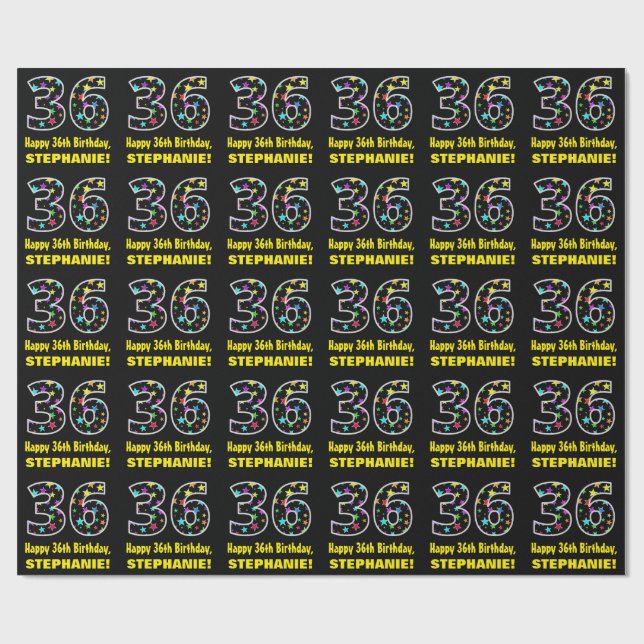 Happy 36th Birthday, Fun Colourful Stars Pattern 3 Wrapping Paper (Flat)
