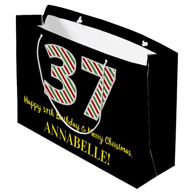 Happy 37th Birthday & Merry Christmas, Custom Name Large Gift Bag (Back Angled)