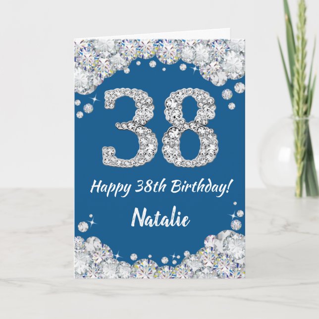Happy 38th Birthday Blue and Silver Glitter Card (Front)