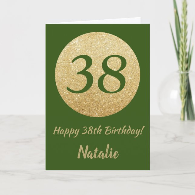 Happy 38th Birthday Green and Gold Glitter Card (Front)