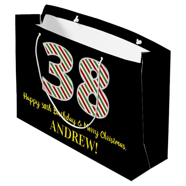 Happy 38th Birthday & Merry Christmas, Custom Name Large Gift Bag (Back Angled)