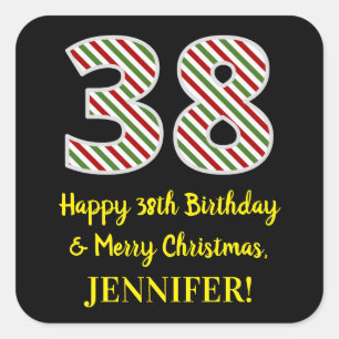 Happy 38th Birthday & Merry Christmas, Custom Name Square Sticker