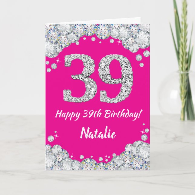 Happy 39th Birthday Hot Pink and Silver Glitter Card (Front)