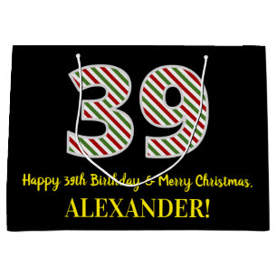 Happy 39th Birthday & Merry Christmas, Custom Name Large Gift Bag