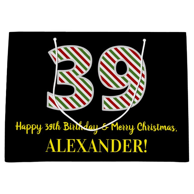 Happy 39th Birthday & Merry Christmas, Custom Name Large Gift Bag (Front)
