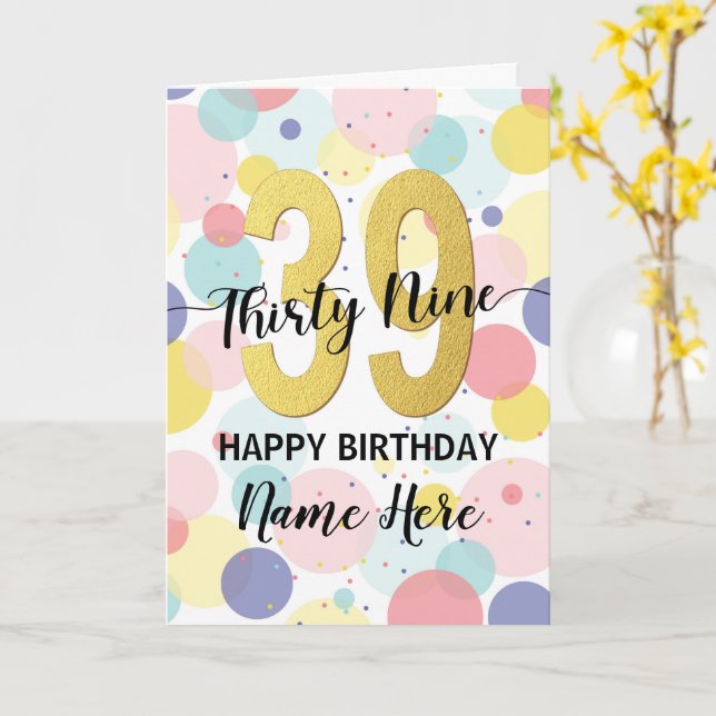 Happy 39th Birthday Pastel Rainbow Gold Woman Card (Yellow Flower)