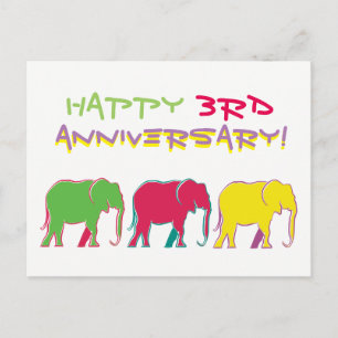 Happy 3rd Anniversary Elephants Silhouette Neon Postcard