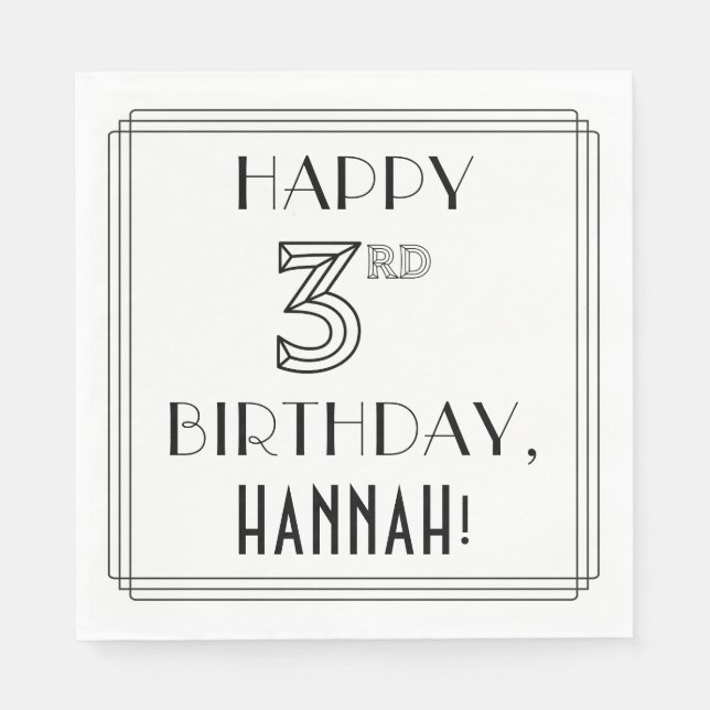 HAPPY 3RD BIRTHDAY; Art Deco Style; Custom Name Napkin (Front)