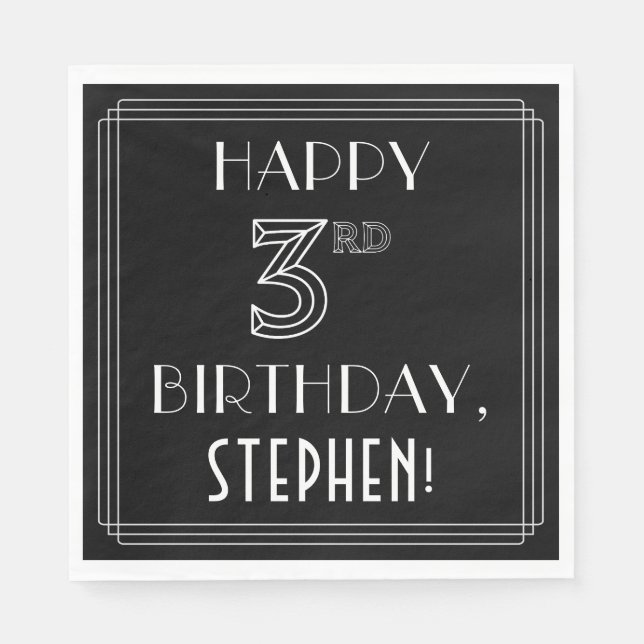 HAPPY 3RD BIRTHDAY; Art Deco Style; Custom Name Napkin (Front)