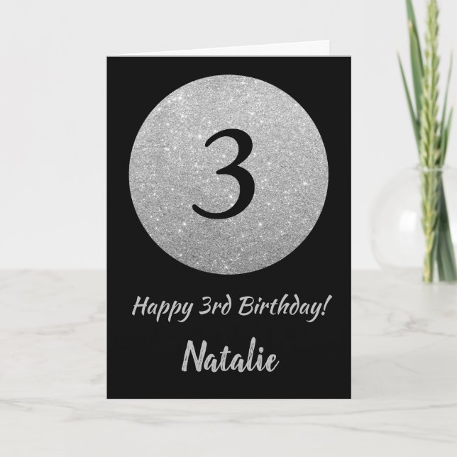 Happy 3rd Birthday Black and Silver Glitter Card (Front)