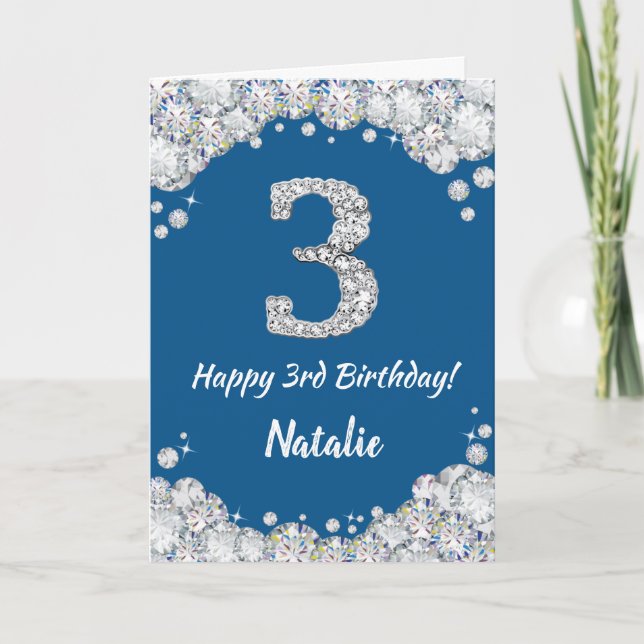Happy 3rd Birthday Blue and Silver Glitter Card (Front)