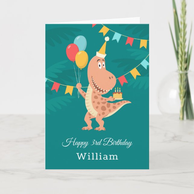 Happy 3rd Birthday Cake Balloon Cute Dinosaur Card (Front)