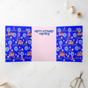 Happy 3rd Birthday Card, #3 Birthday Blue Tri-Fold Card