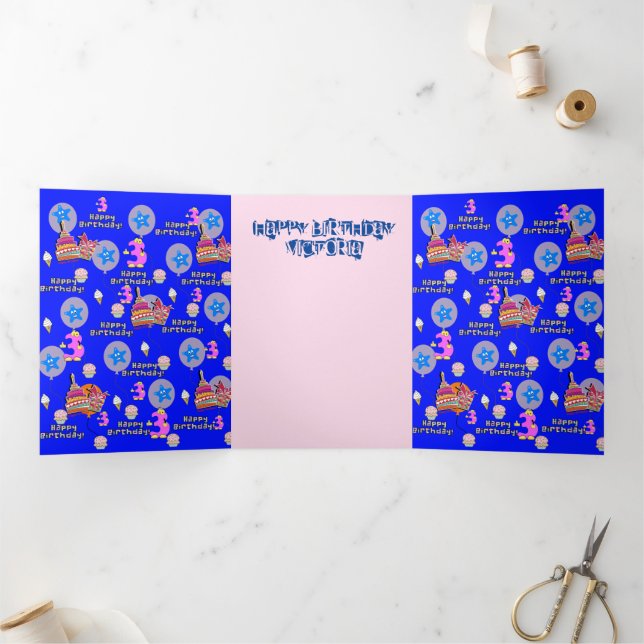 Happy 3rd Birthday Card, #3 Birthday Blue Tri-Fold Card (Inside)