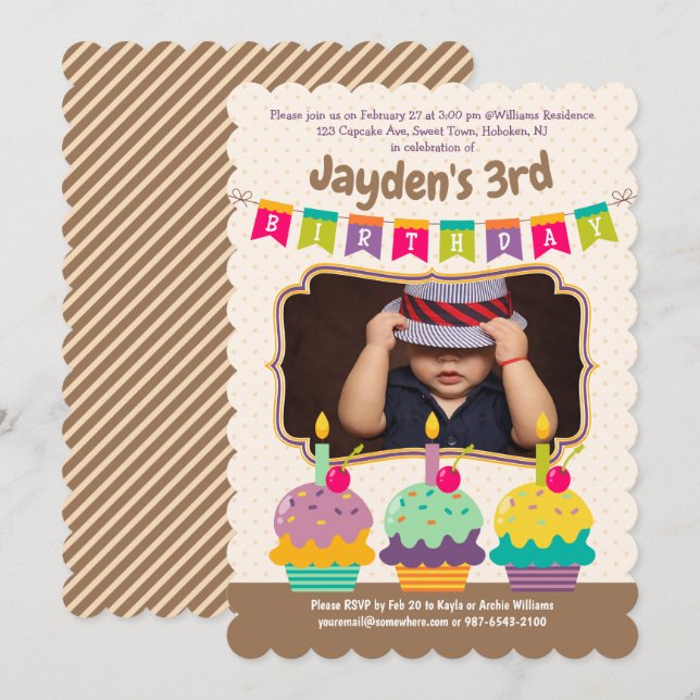 Happy 3rd Birthday Colourful Cupcakes Bunting Phot Invitation (Front/Back)