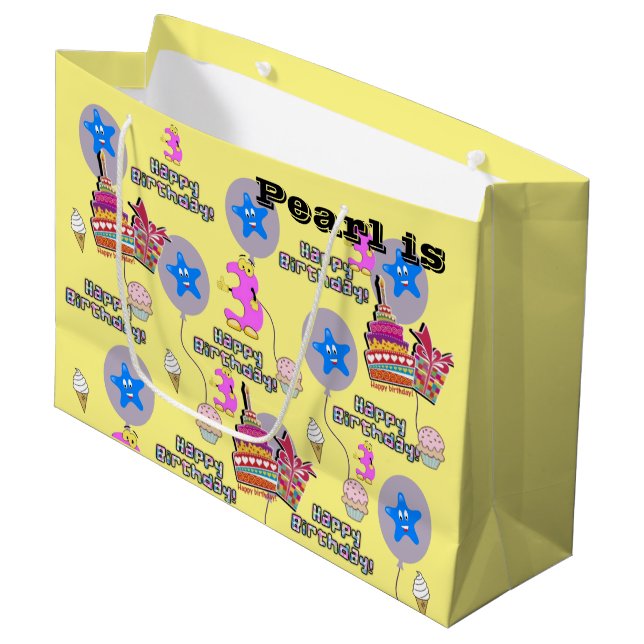 Happy 3rd Birthday Gift Bag #3 Light Yellow (Front Angled)