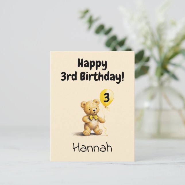 Happy 3rd Birthday, Personalized Teddy Bear Card,  Postcard (Standing Front)