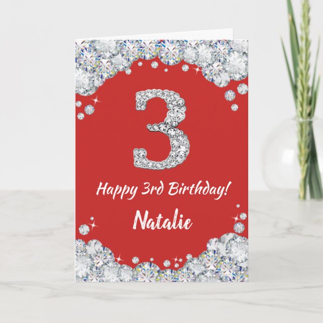 Happy 3rd Birthday Red and Silver Glitter Card (Front)