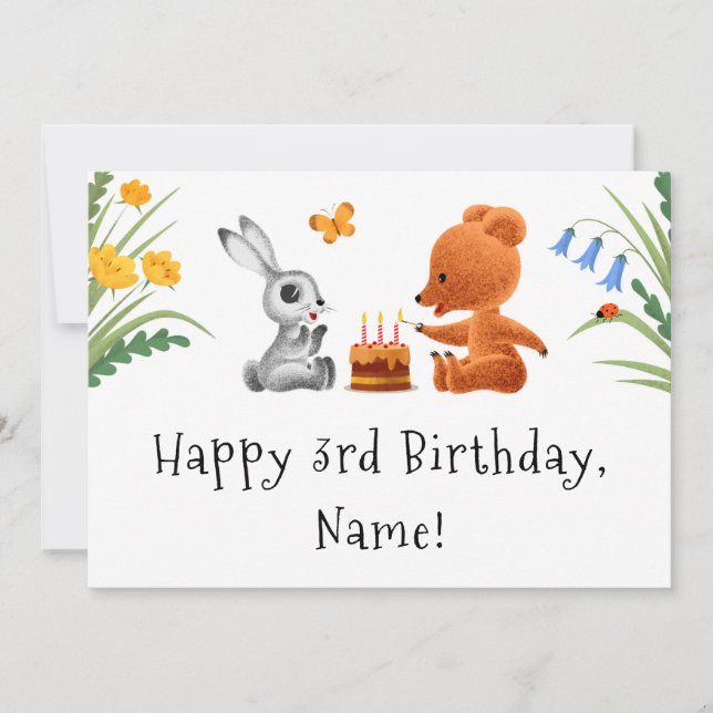 Happy 3rd Birthday Teddy Bear Bunny Cake Card (Front)