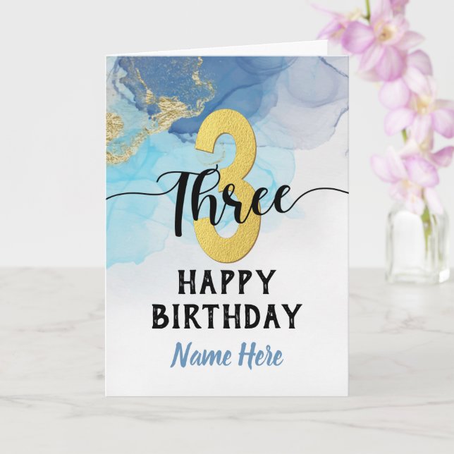Happy 3rd Birthday Watercolor Blue & gold Boy Card (Orchid)