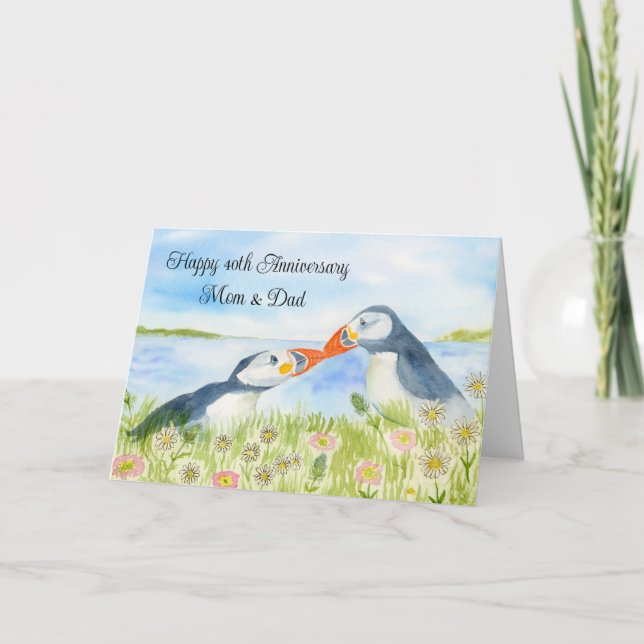 Happy 40th Anniversary Mom & Dad Puffins  Card (Front)