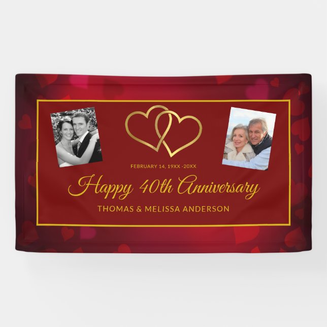 HAPPY 40TH ANNIVERSARY RUBY GOLD HEARTS & PHOTOS BANNER (Horizontal)