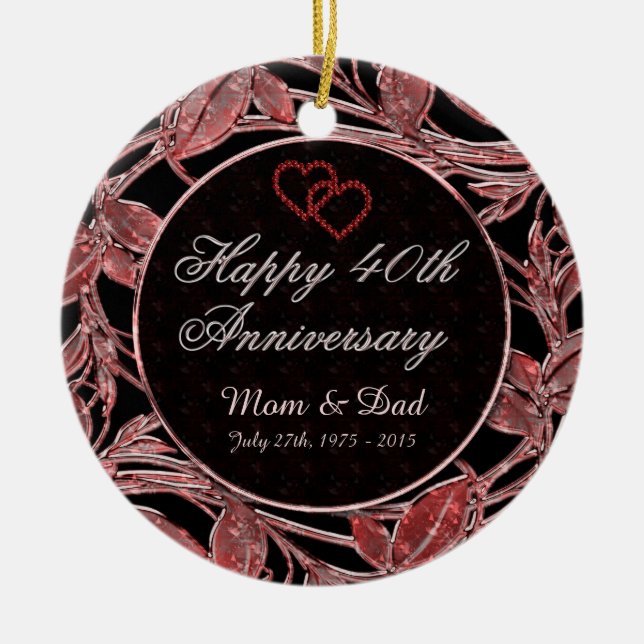 Happy 40th Anniversary Ruby Leaves DBL Sided Ceramic Tree Decoration (Front)