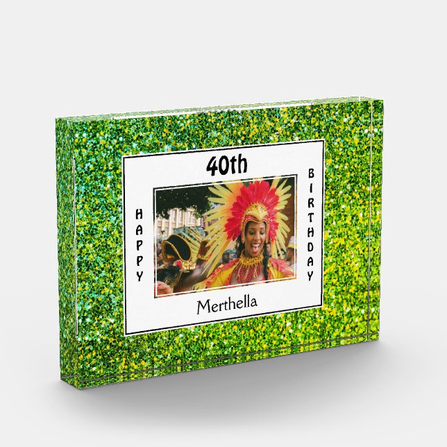 Happy 40th Birthday  | ANY AGE | GREEN Glitter Photo Block (Left)