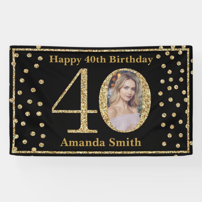 Happy 40th Birthday Banner Black and Gold Photo (Horizontal)