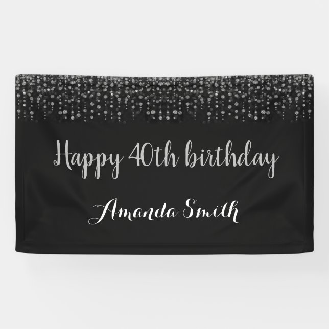 Happy 40th Birthday Banner. Black Silver Glitter Banner (Horizontal)