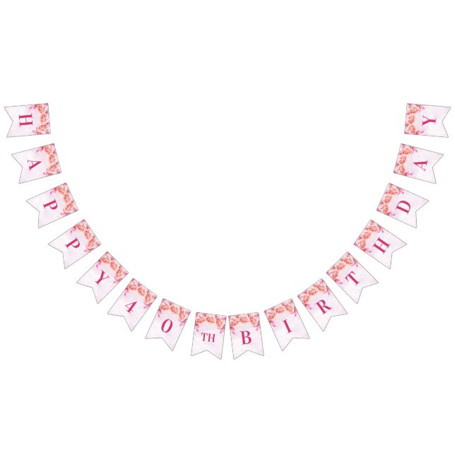 Happy 40th Birthday Banner Pink Watercolor Flowers (All)