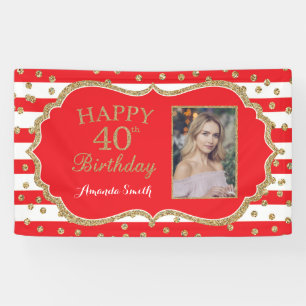 Happy 40th Birthday Banner Red Gold Glitter Photo