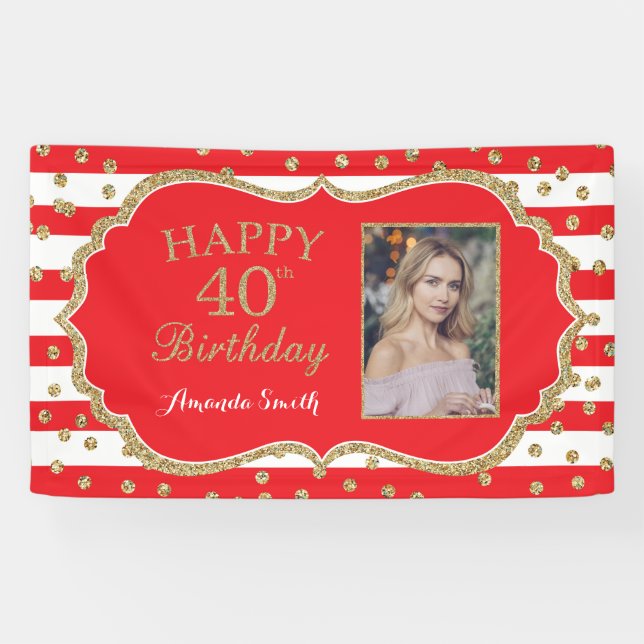 Happy 40th Birthday Banner Red Gold Glitter Photo (Horizontal)
