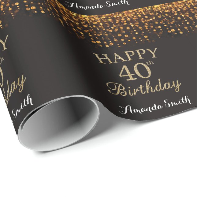 Happy 40th Birthday Black and Gold Glitter Wrapping Paper (Roll Corner)