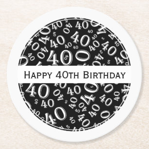 "Happy 40th Birthday" Black/White Party Theme Rnd Round Paper Coaster