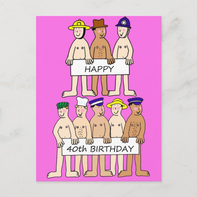 Happy 40th Birthday Cartoon Men with Banners Postcard (Front)