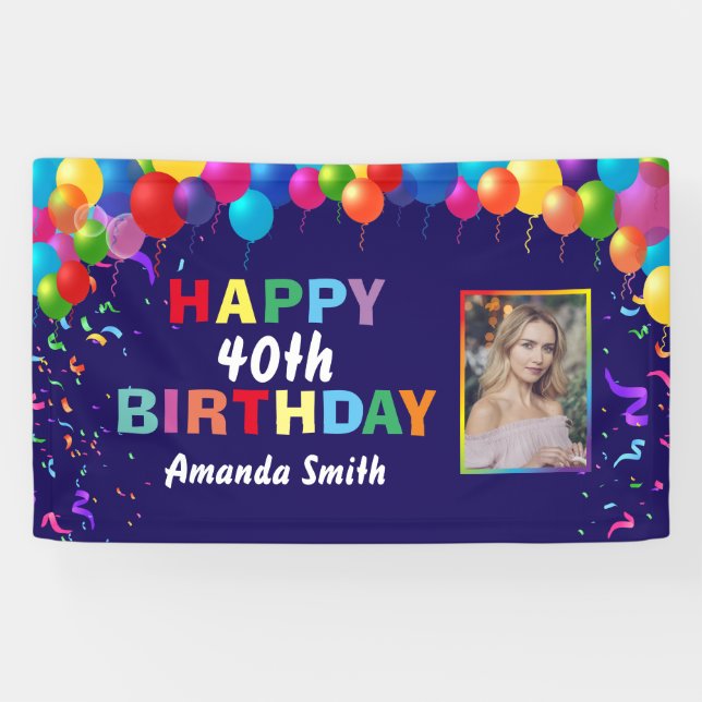 Happy 40th Birthday Colourful Balloons Navy Blue Banner (Horizontal)