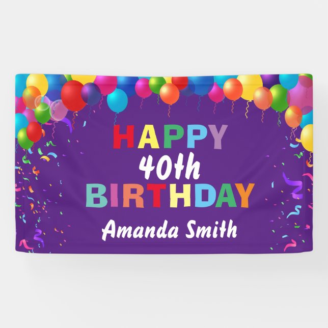 Happy 40th Birthday Colourful Balloons Purple Banner (Horizontal)