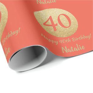 Happy 40th Birthday Coral Orange and Gold Glitter Wrapping Paper