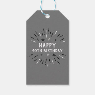 Happy 40th Birthday Fireworks Grey Black White Gift Tags